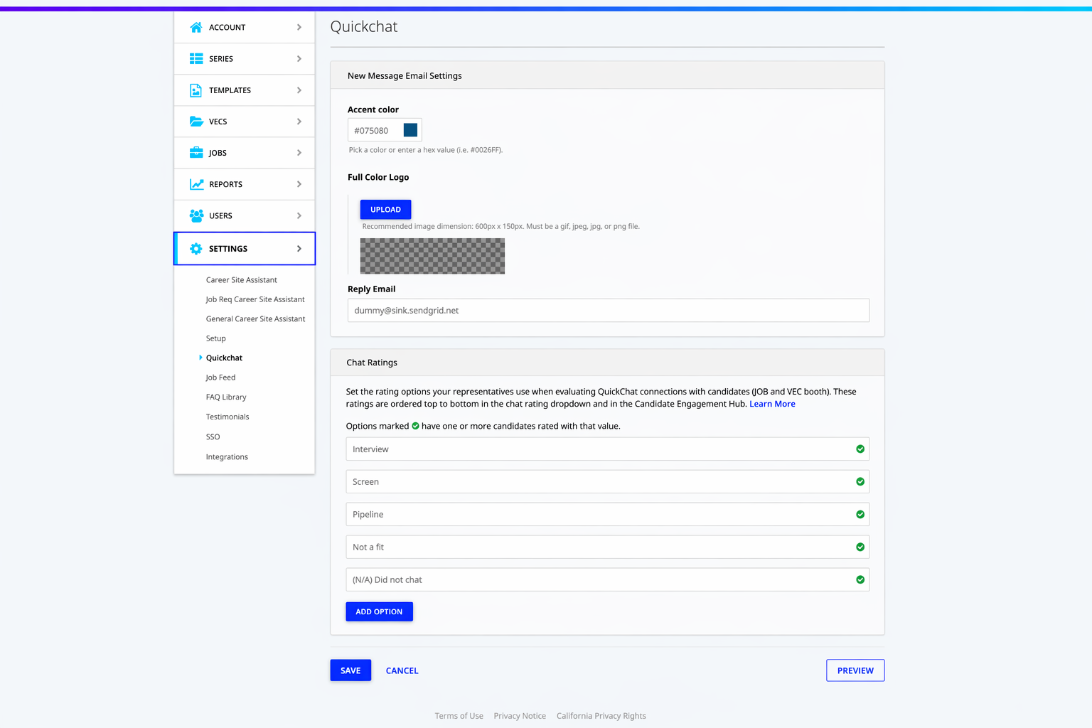 Quickchat settings with chat ratings options