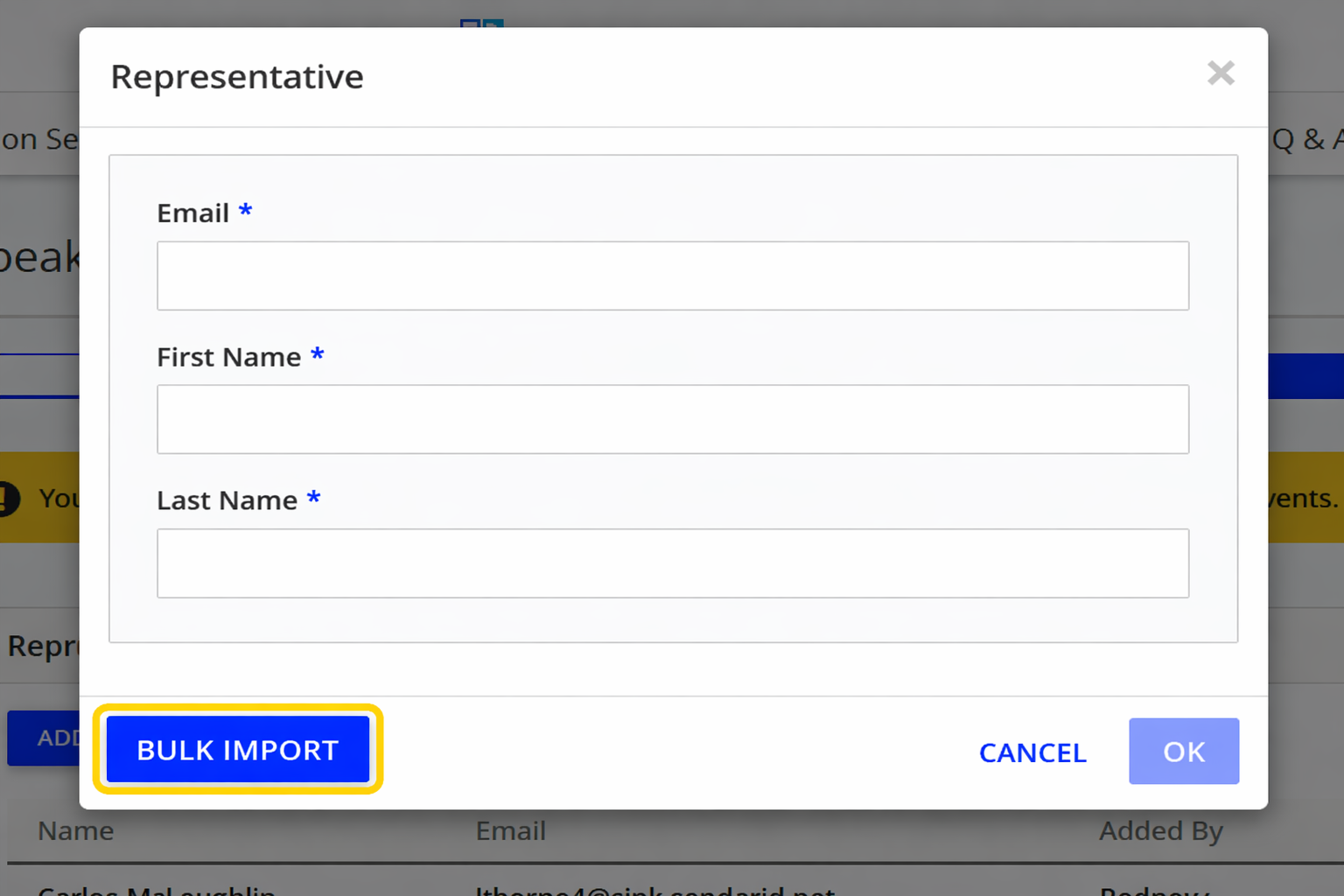 Representative form with bulk import button