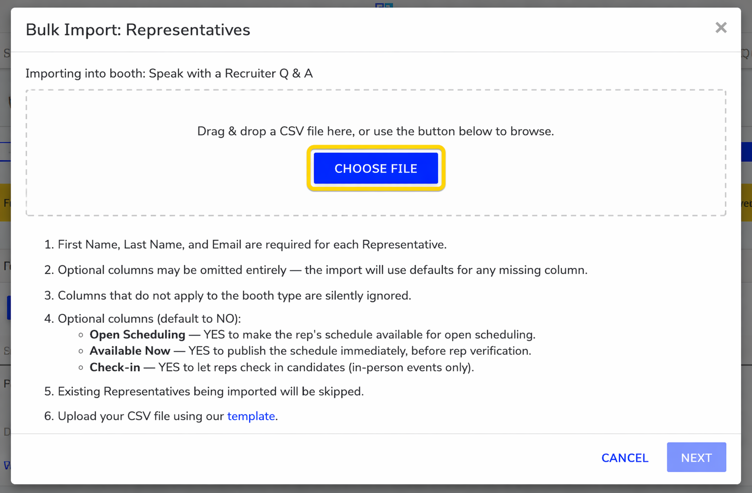 Bulk import dialog for representatives CSV upload