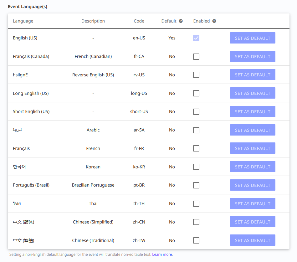 Event language settings with default English.