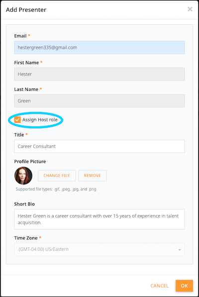 Assign Host role checkbox selected