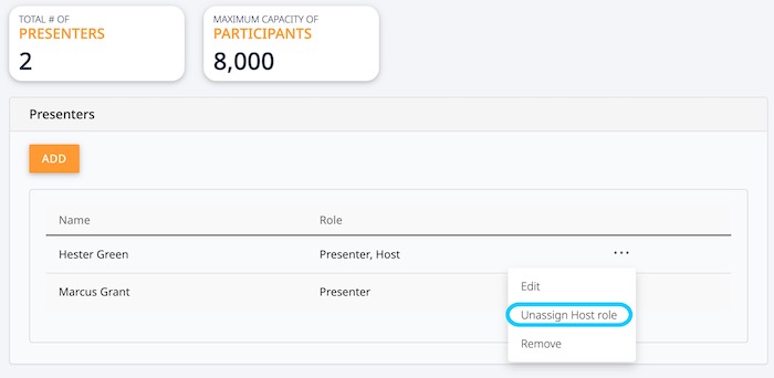 Presenter actions menu with host role removal