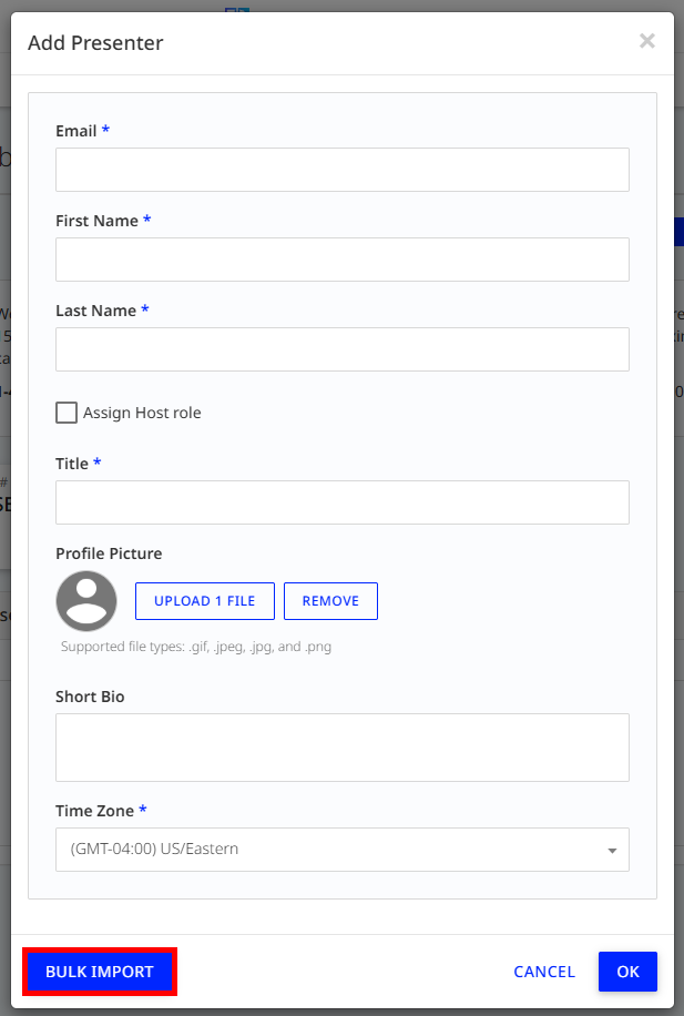Add Presenter dialog with Bulk Import button