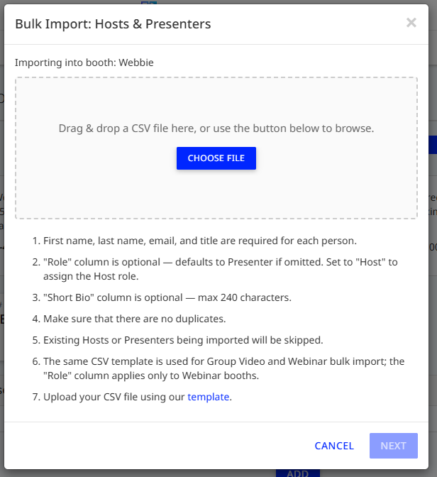 Bulk Import dialog for Hosts and Presenters
