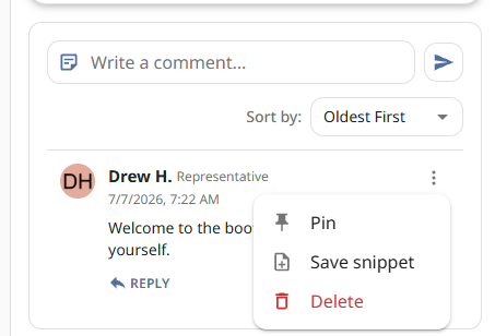 Comment actions menu with delete option