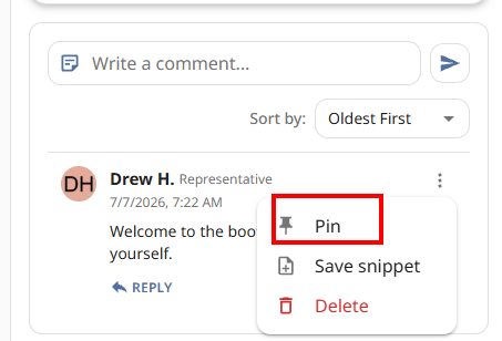 Comment actions menu with Pin highlighted
