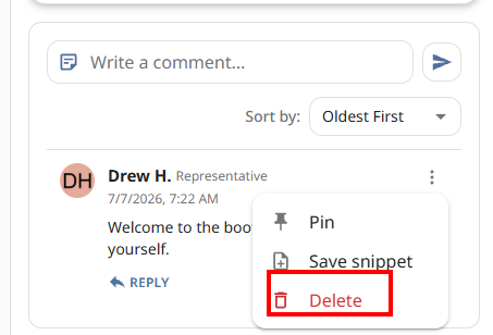 Comment actions menu with Delete highlighted
