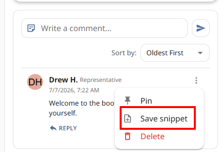 Comment actions menu with Save snippet highlighted
