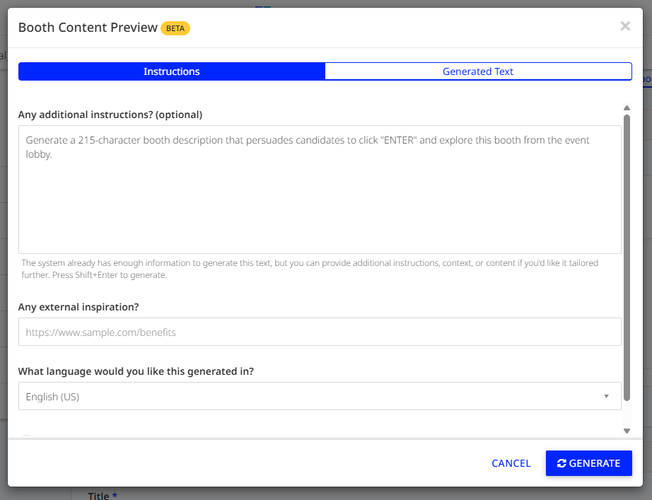 Booth Content Preview with generation settings