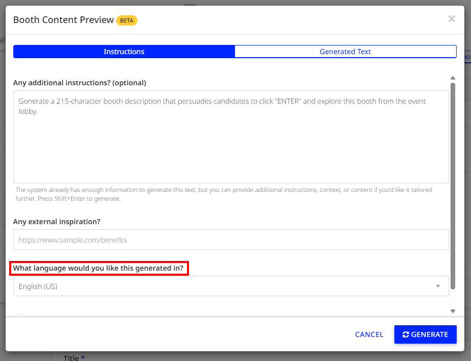 Language selection for generated booth content